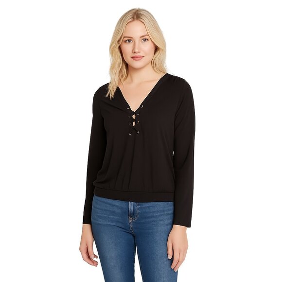 White House Black Market Tops - NWT White House Black Market Long Sleeve Lace Up Top Black Small